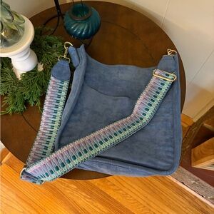 Blue Faux Suede Shoulder Bag with Patterned Strap